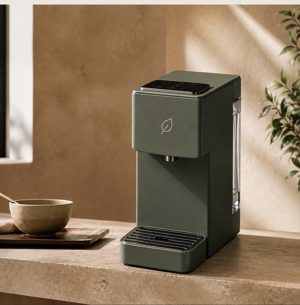 LEAF One tea machine in sage green on a warm stone counter beside a ceramic bowl