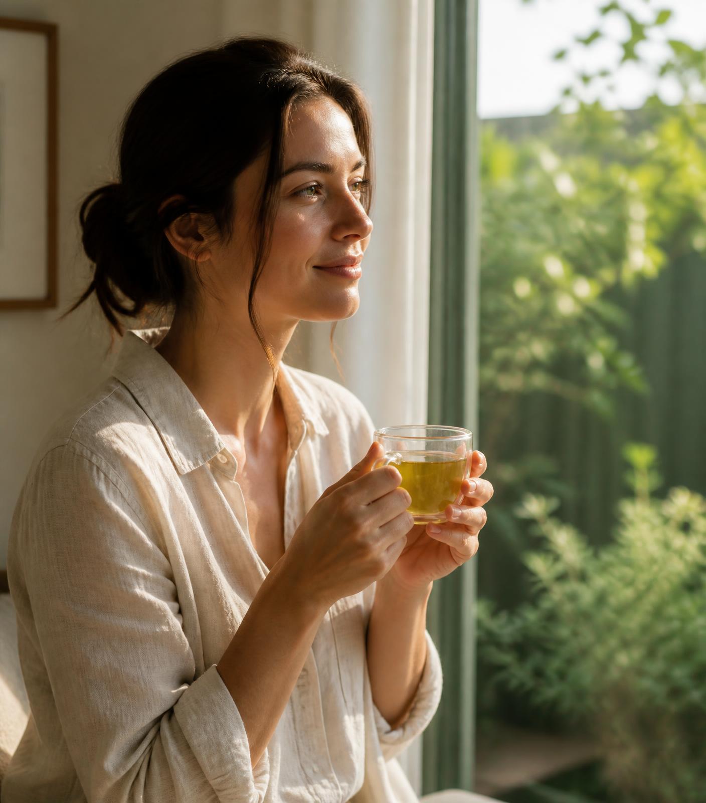 A woman enjoying a glass of whole leaf green tea by a sunlit window